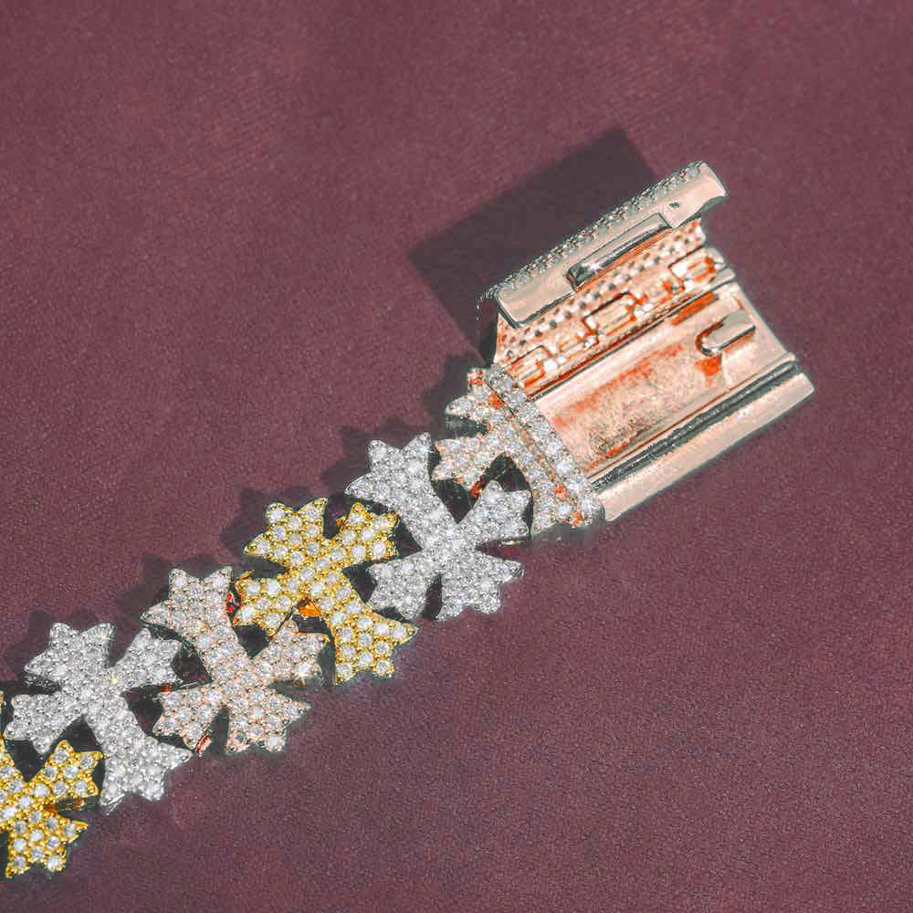 16MM Moissanite Cross Link Bracelet 14K Tri Tone