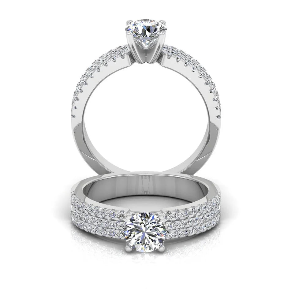 3-Row Round Cut Prong Moissanite Engagement Ring