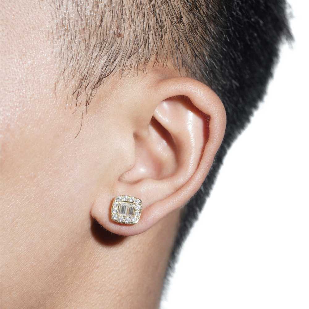 Double Baguette Halo Moissanite Earrings 14K Gold