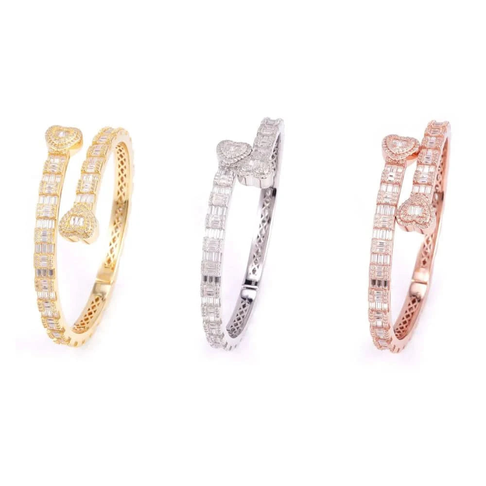 Heart Baguette Moissanite Bangle Bracelet 14K Gold