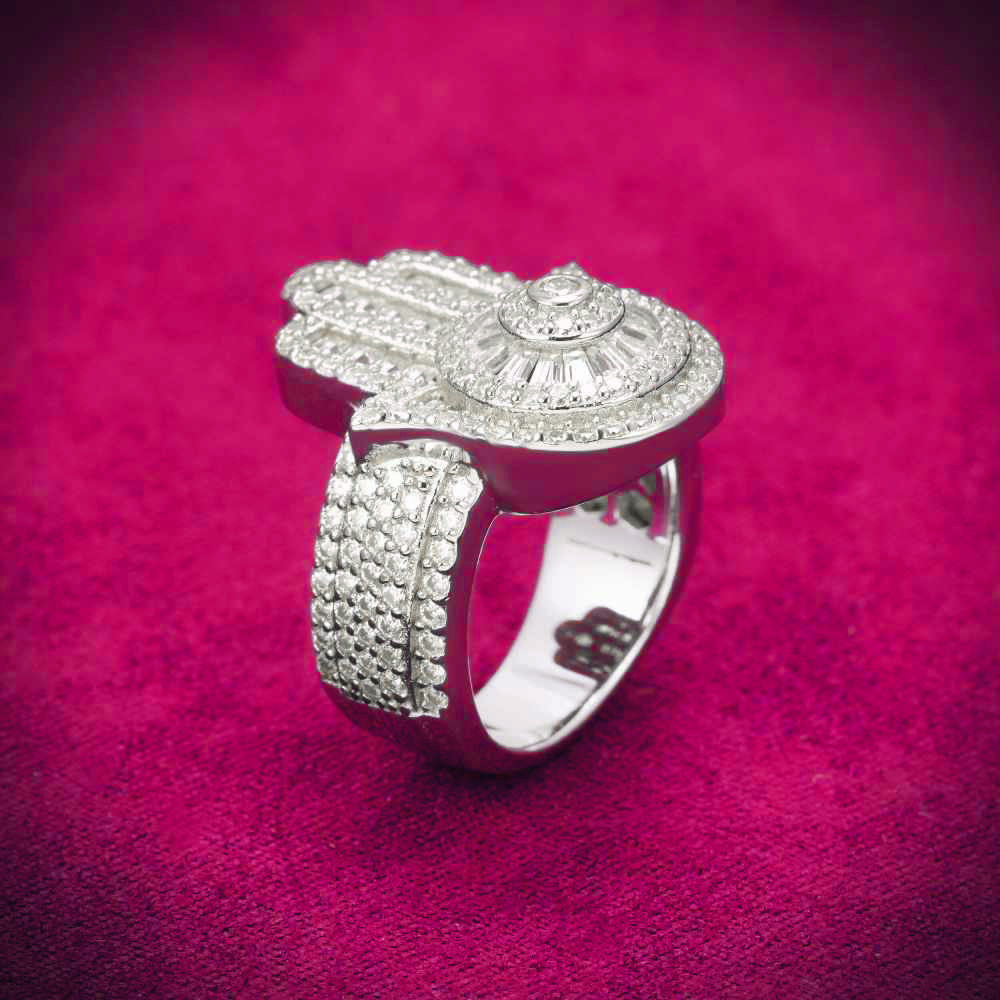 Moissanite Baguette Hamsa Hand Ring 14K White Gold
