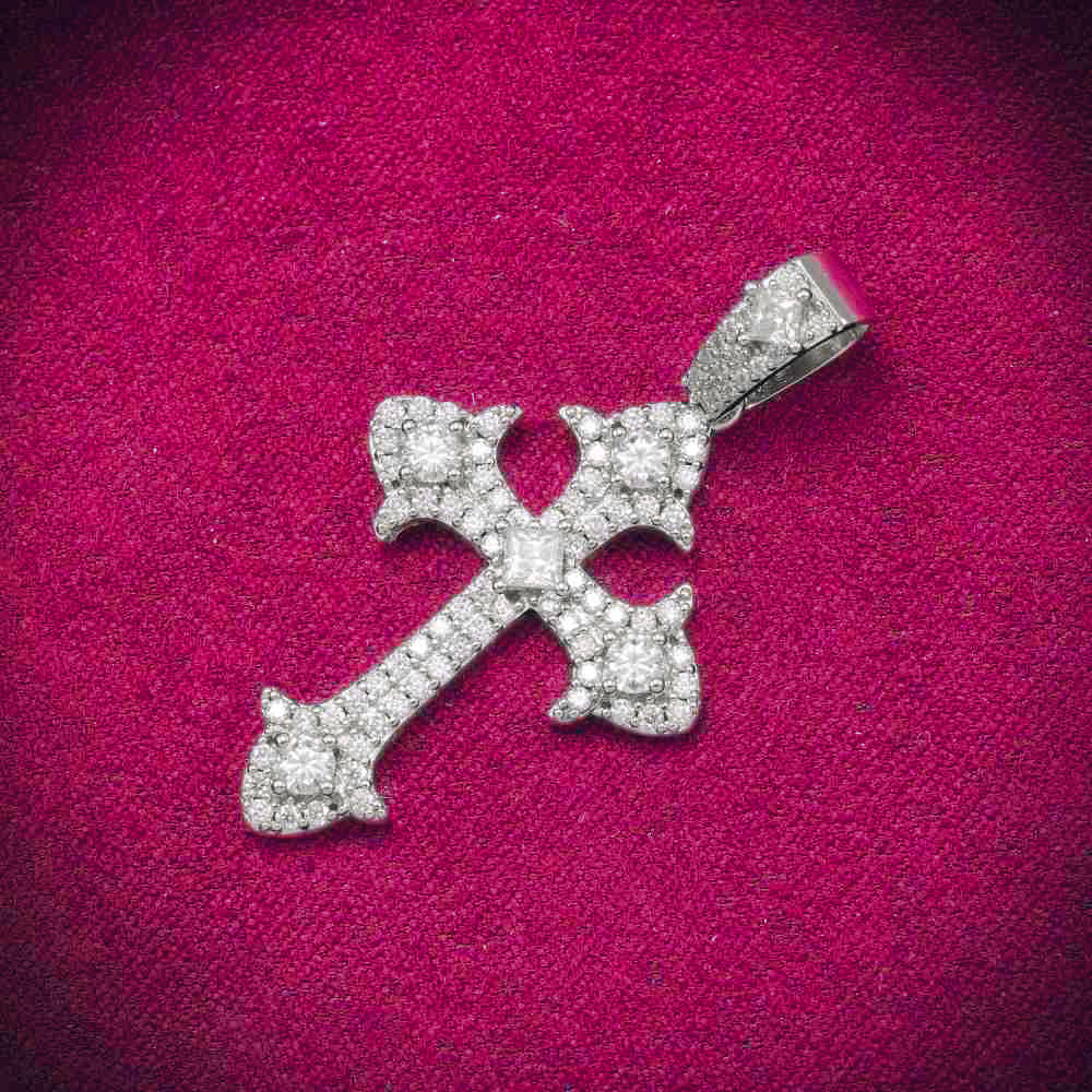 Moissanite Fleur Cross Pendant 14K Gold