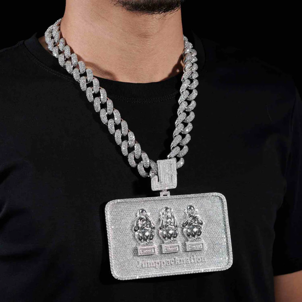 "Monkey Card" Custom Moissanite Rectangle Pendant 14K White Gold