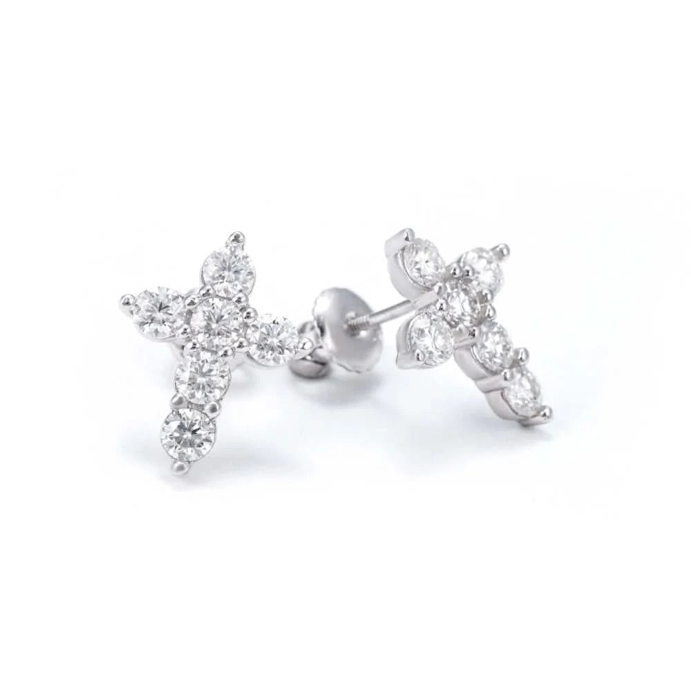 Round Cut Moissanite Cross Earrings 14K Gold