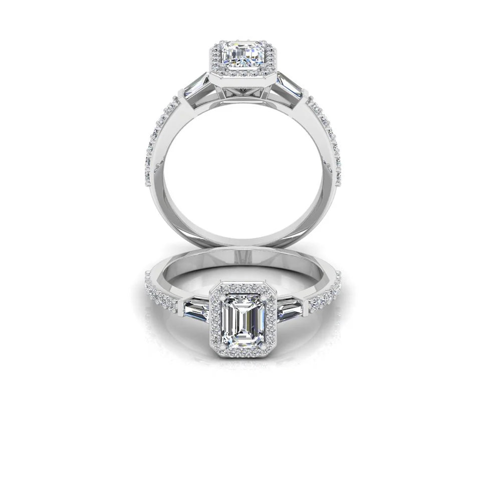 Baguette & Round Cut Halo Moissanite Engagement Ring