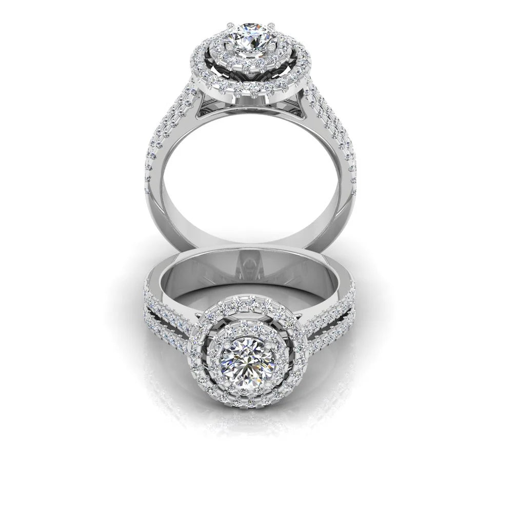 Brilliant Cut Double Halo Split Shank Moissanite Engagement Ring