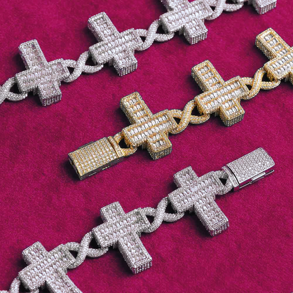 30MM Moissanite Cross Infinity Link Chain 14K Gold