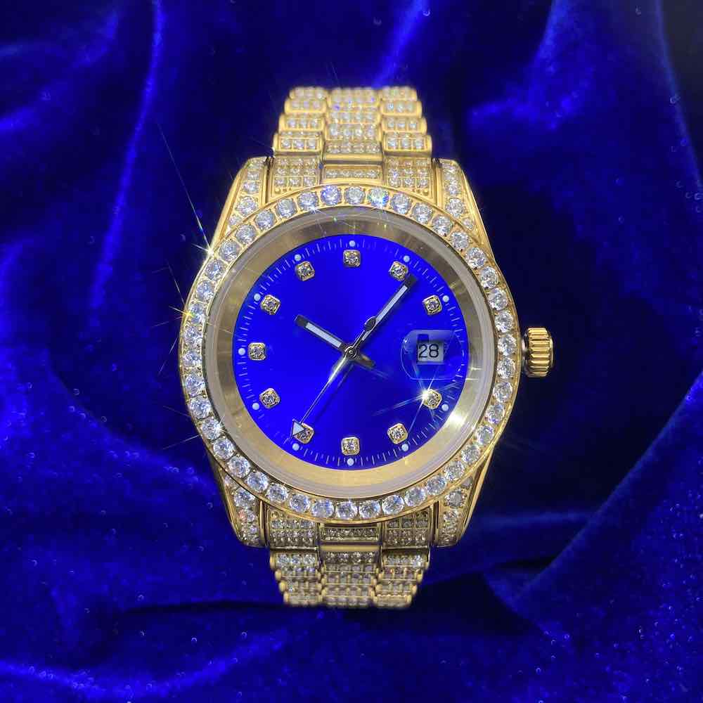 Moissanite Presidential Watch Blue Face 41MM 13.3CT Iced Out 14K Yellow Gold