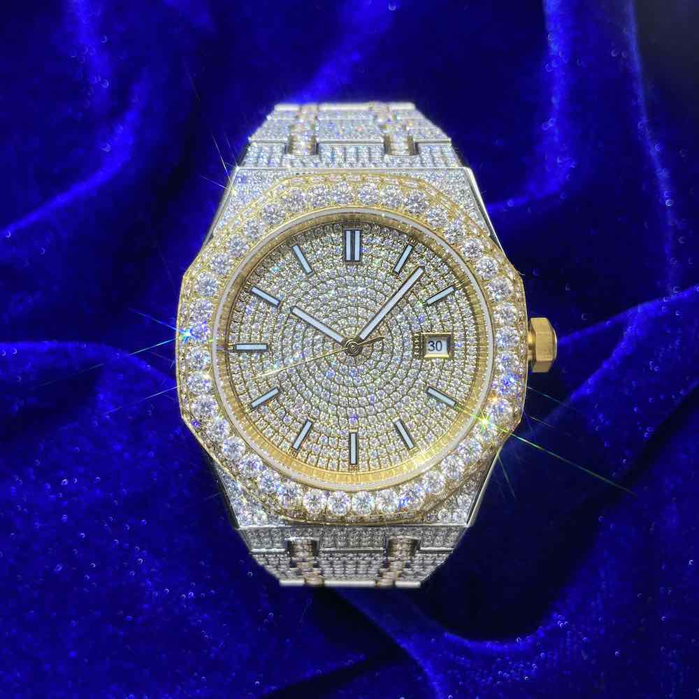Bust Down Moissanite Watch 44MM 14K Yellow Gold Iced Out