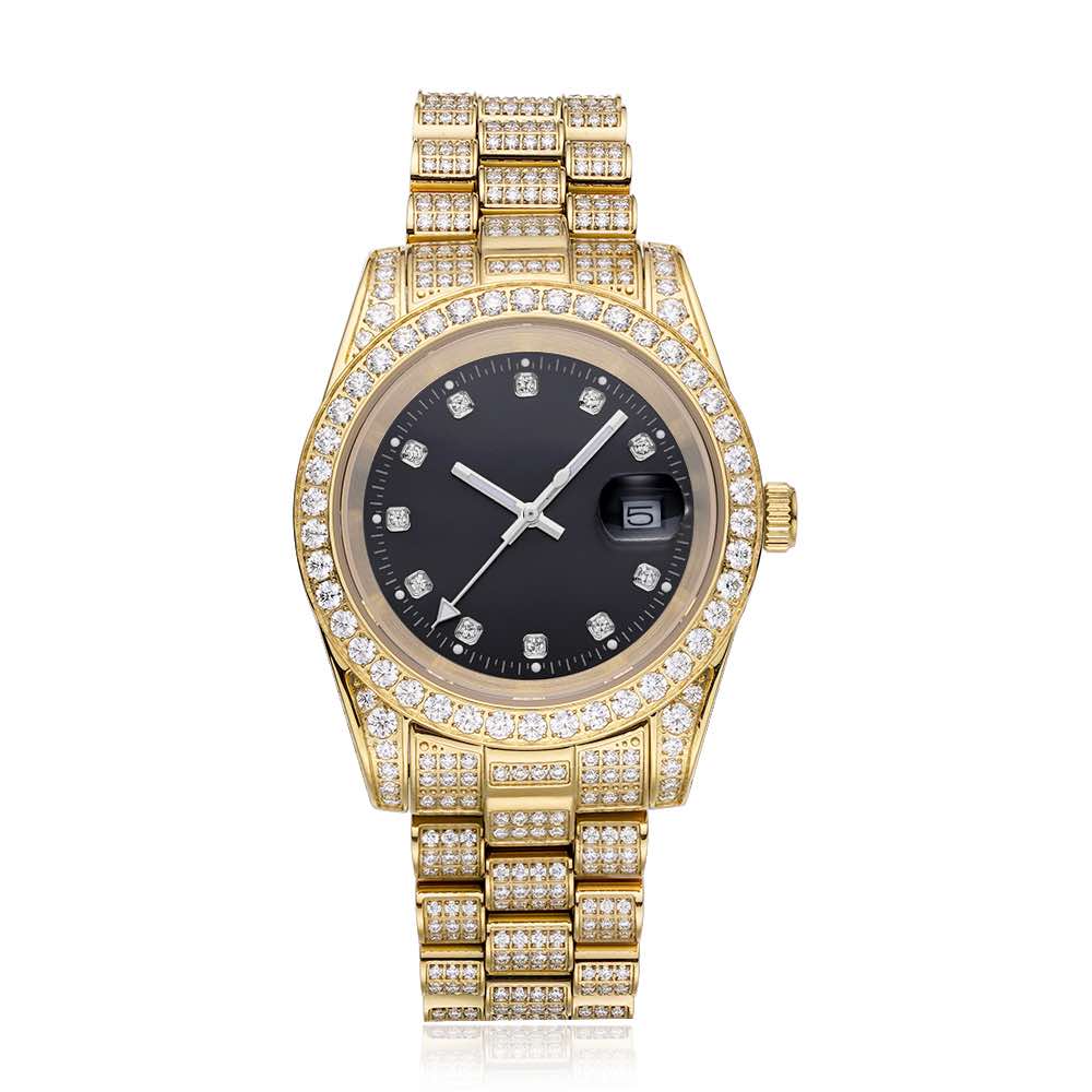 Moissanite Presidential Watch Blue Face 41MM 13.3CT Iced Out 14K Yellow Gold