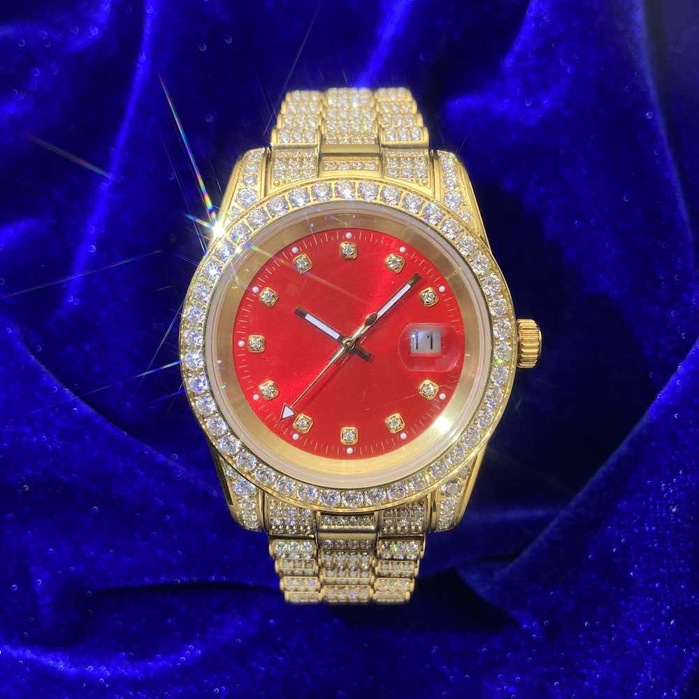 Moissanite Presidential Watch Red Face 41MM 13.3CT Iced Out 14K Yellow Gold