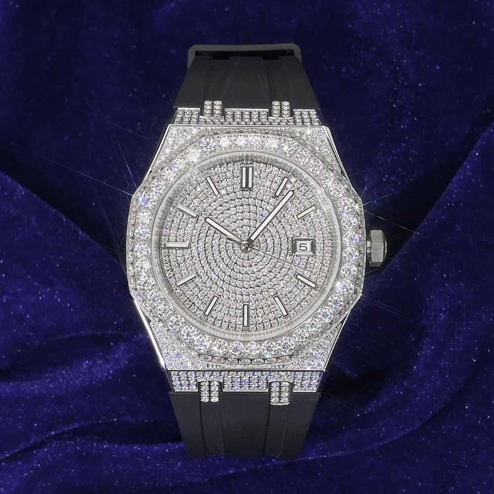 Moissanite Iced Out Silicone Band Watch 13.5CT 14K White Gold
