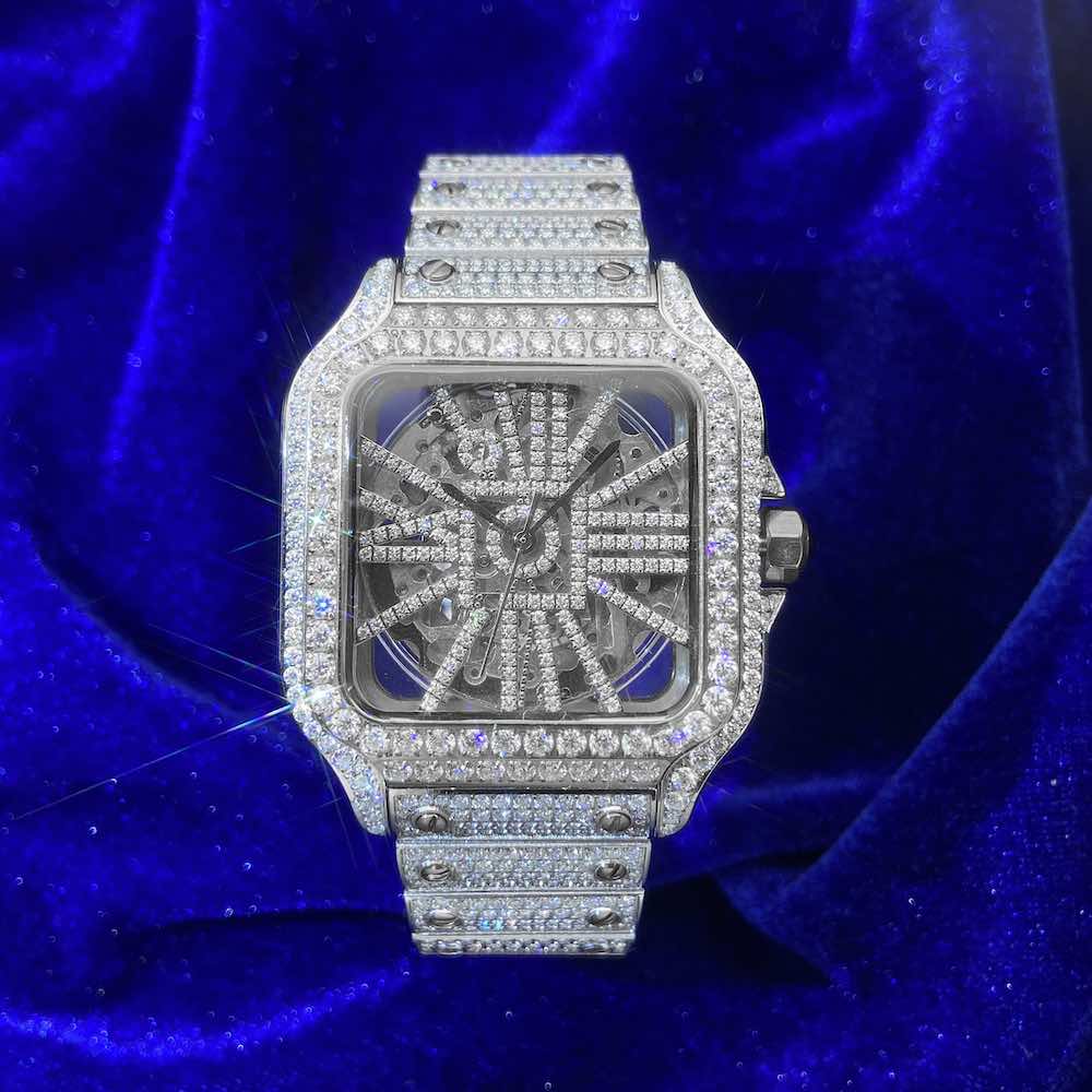 Moissanite Skeleton Watch 42MM 14K White Gold 14.1CT Bust Down