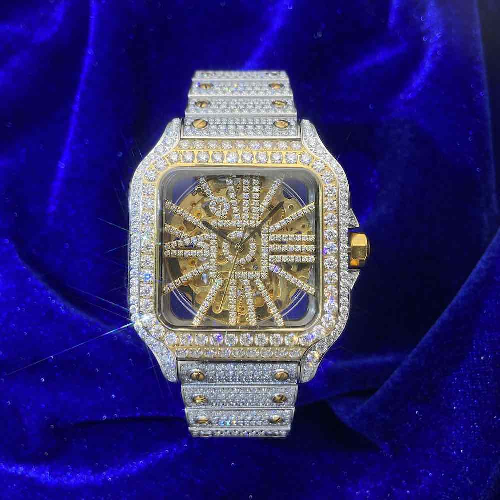 Moissanite Skeleton Watch 42MM 14K Yellow Gold 14.1CT Bust Down