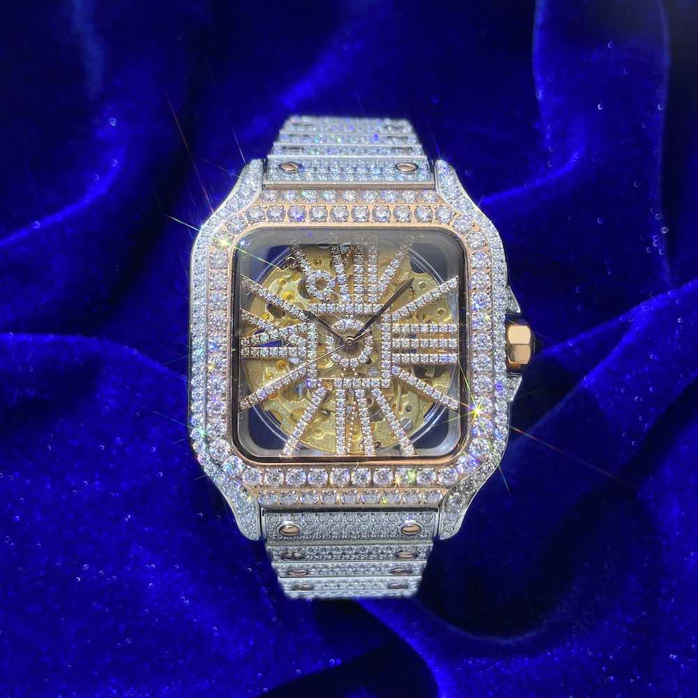 Moissanite Skeleton Watch 42MM 14K Rose Gold 14.1CT Bust Down