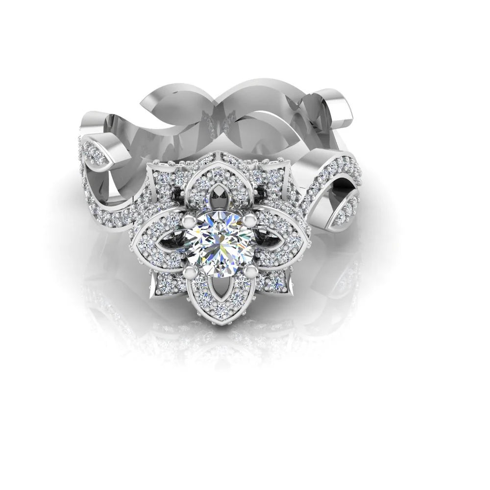 Round Floral Antique Moissanite Engagement Ring