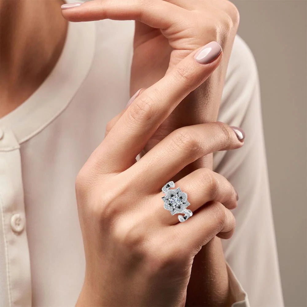 Round Floral Antique Moissanite Engagement Ring