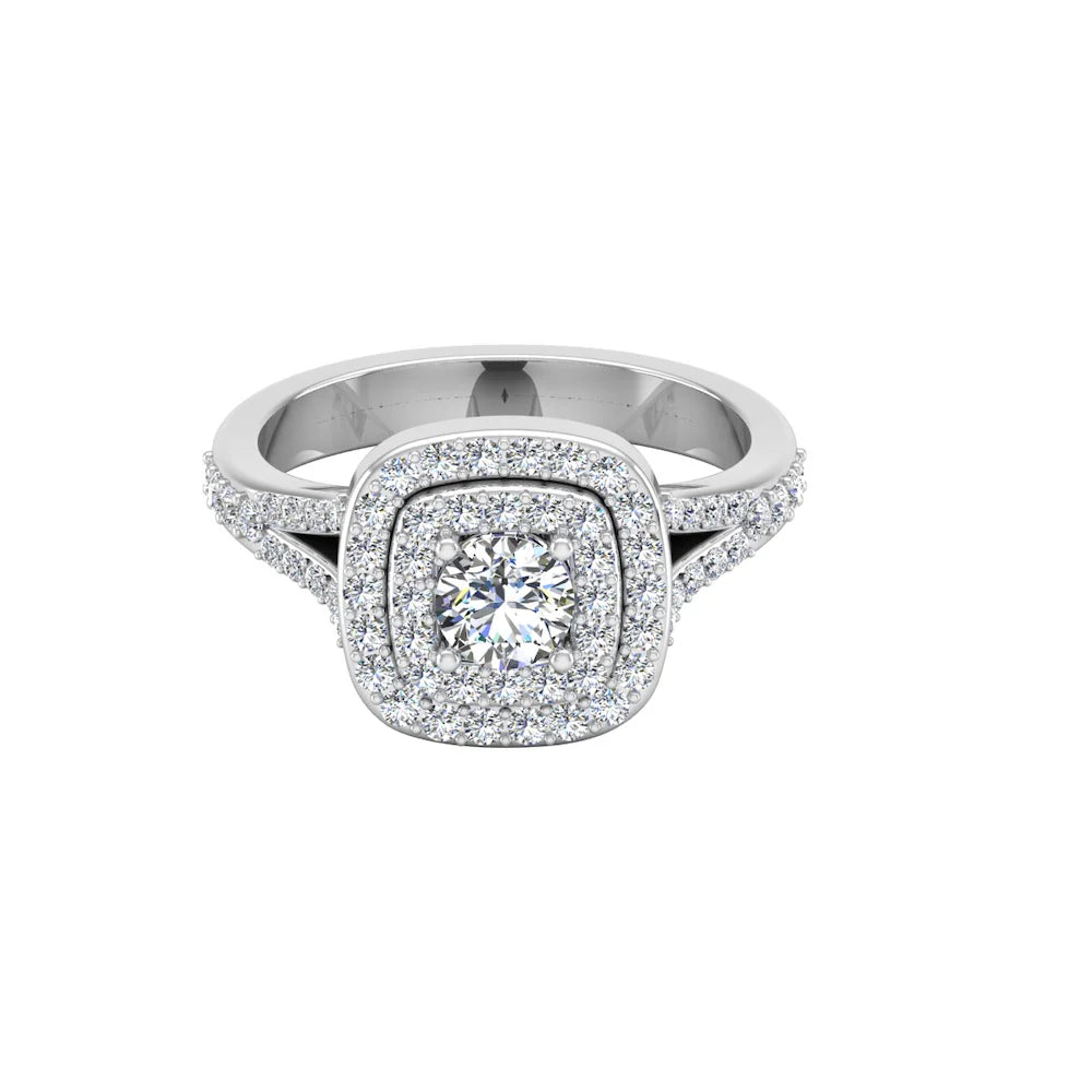 Round Split Shank Double Halo Moissanite Engagement Ring