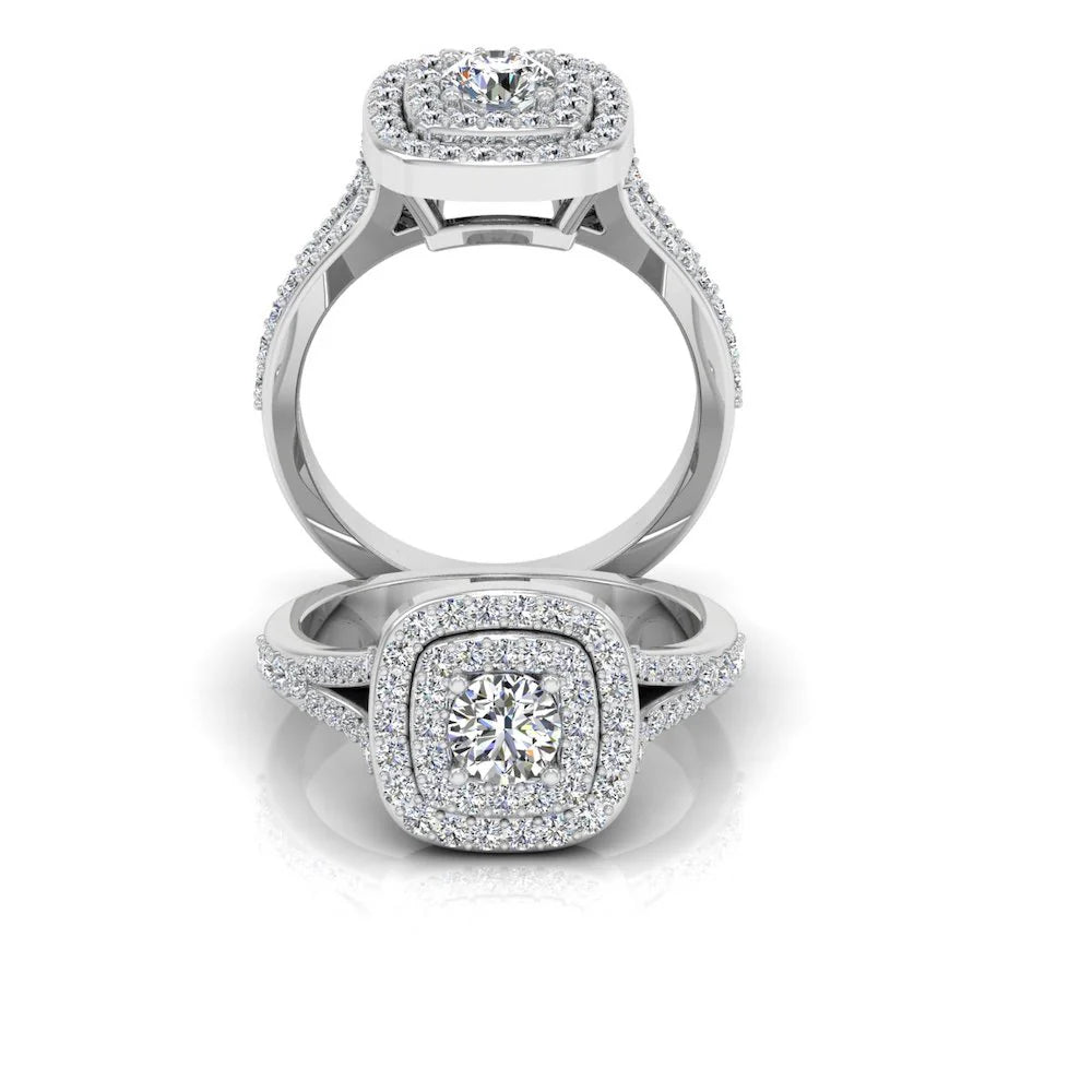 Round Split Shank Double Halo Moissanite Engagement Ring