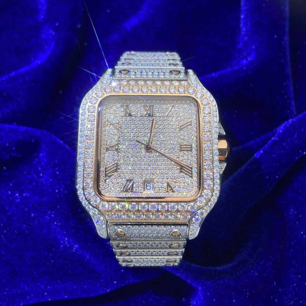 Men's VVS Moissanite Watch 42MM 16CT Bust Down 14K Rose Gold