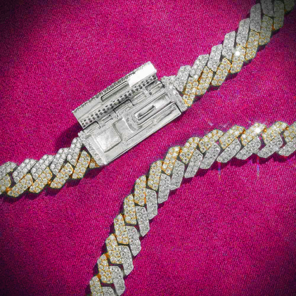 10MM Split Two Tone Moissanite Cuban Link Chain 14K Gold