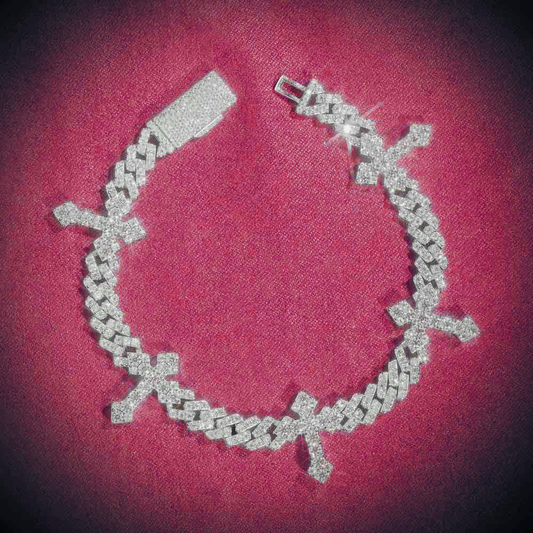 6MM Moissanite Cross Cuban Link Bracelet 14K Gold