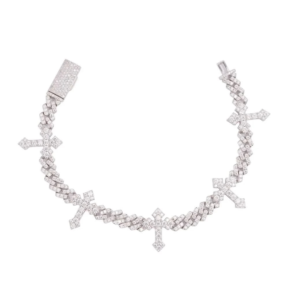 6MM Moissanite Cross Cuban Link Bracelet 14K Gold