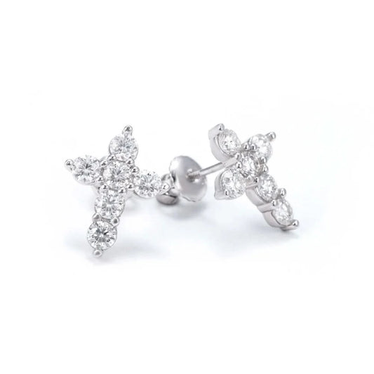Round Cut Moissanite Cross Earrings 14K Gold