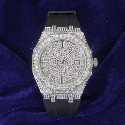 Moissanite Iced Out Silicone Band Watch 13.5CT 14K White Gold